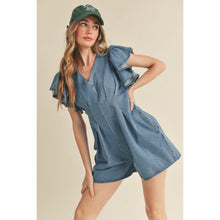Load image into Gallery viewer, "Dewy" Stretchy Denim Ruffled Sleeve Romper