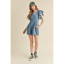Load image into Gallery viewer, "Dewy" Stretchy Denim Ruffled Sleeve Romper