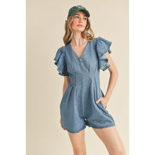 Load image into Gallery viewer, "Dewy" Stretchy Denim Ruffled Sleeve Romper