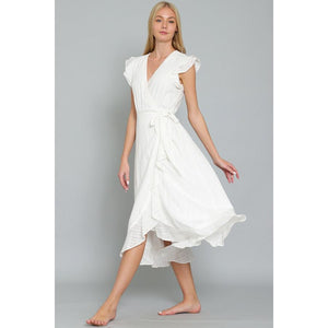 "Faithful" White Ruffle Sleeve Wrap Midi Dress