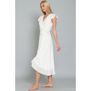 "Faithful" White Ruffle Sleeve Wrap Midi Dress