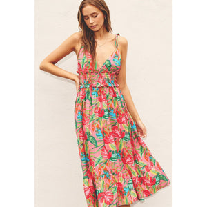"Tropical Paradise" Sleeveless Shirred Waist Midi Dress