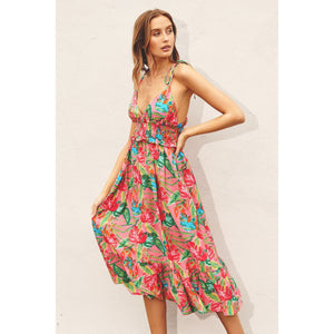 "Tropical Paradise" Sleeveless Shirred Waist Midi Dress